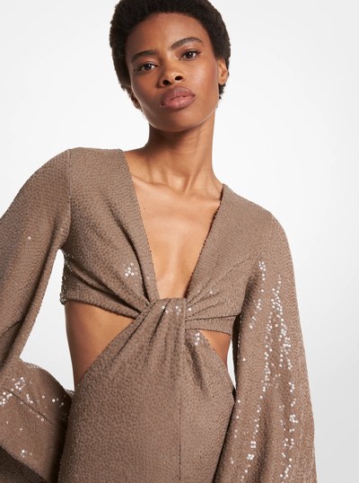 Hand-Embroidered Sequin Stretch Matte Jersey Fishtail Gown in MOCHA | Michael Kors