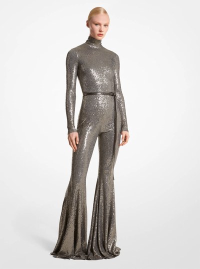 Hand-Embroidered Sequin Stretch Jersey Flared Jumpsuit in SLATE | Michael Kors
