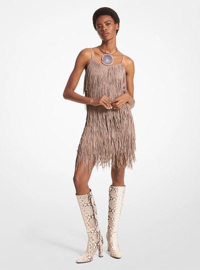 Bonded Suede Fringed Dress in TAUPE | Michael Kors