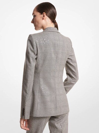 Georgina Embroidered Glen Plaid Stretch Wool Blazer in BLACK/WHITE | Michael Kors