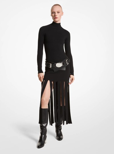 Merino Wool Blend Turtleneck Streamer Dress in BLACK | Michael Kors