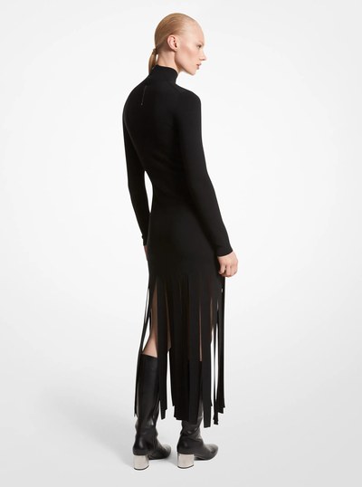 Merino Wool Blend Turtleneck Streamer Dress in BLACK | Michael Kors