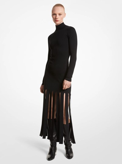 Merino Wool Blend Turtleneck Streamer Dress in BLACK | Michael Kors