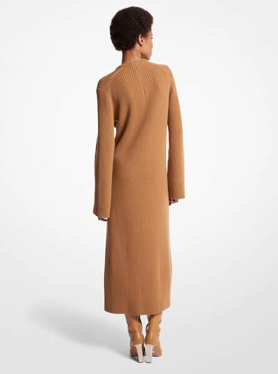 Ribbed Stretch Cashmere Slit Dress in CAMEL | Michael Kors