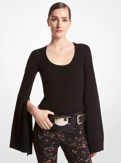 Stretch Cashmere Slit-Sleeve Sweater in BLACK | Michael Kors