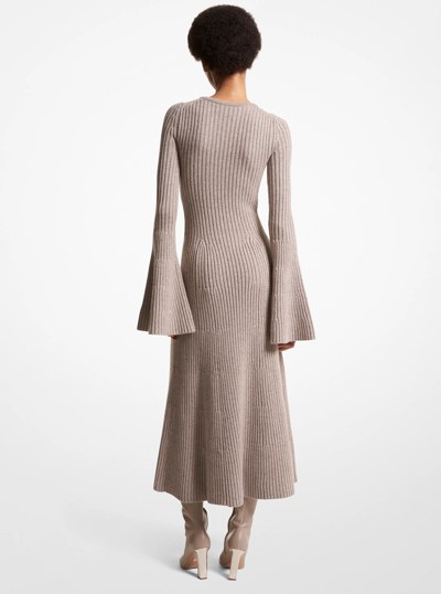 Ribbed Stretch Cashmere Flare-Sleeve Dress in TAUPE MELANGE | Michael Kors