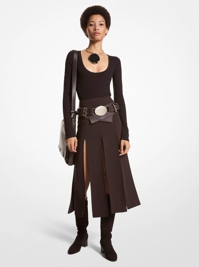Double Faced Wool Crepe Slashed Skirt in CHOCOLATE | Michael Kors