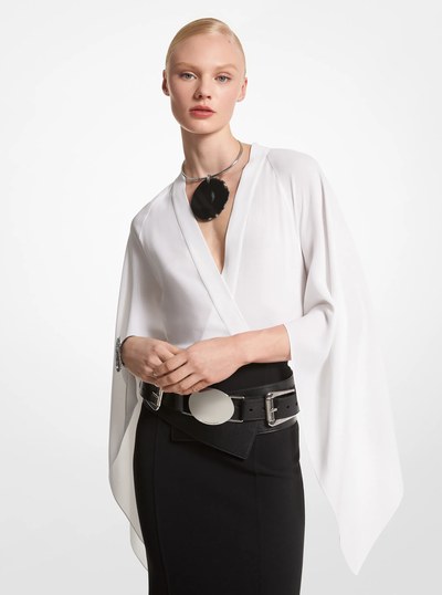 Silk Georgette Flared-Sleeve Wrap Top in OPTIC WHITE | Michael Kors