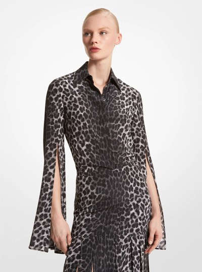 Leopard Silk Crepe De Chine Slit-Sleeve Shirt in GRAPHITE MUL | Michael Kors