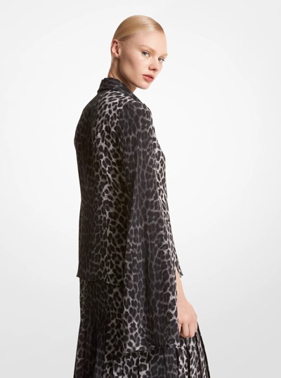 Leopard Silk Crepe De Chine Slit-Sleeve Shirt in GRAPHITE MUL | Michael Kors