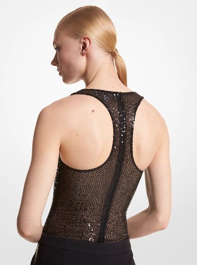 Hand-Embroidered Sequin Stretch Tulle Bodysuit in BLACK | Michael Kors
