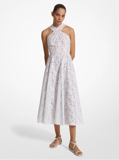 Floral Cotton Eyelet Halter Dress in OPTIC WHITE | Michael Kors