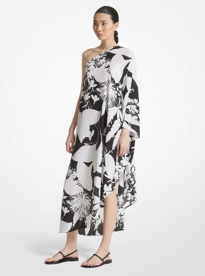 Shadow Floral Organic Silk Crepe De Chine One-Shoulder Caftan in BLACK/OPTIC WHITE | Michael Kors