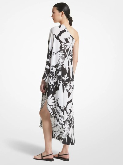 Shadow Floral Organic Silk Crepe De Chine One-Shoulder Caftan in BLACK/OPTIC WHITE | Michael Kors