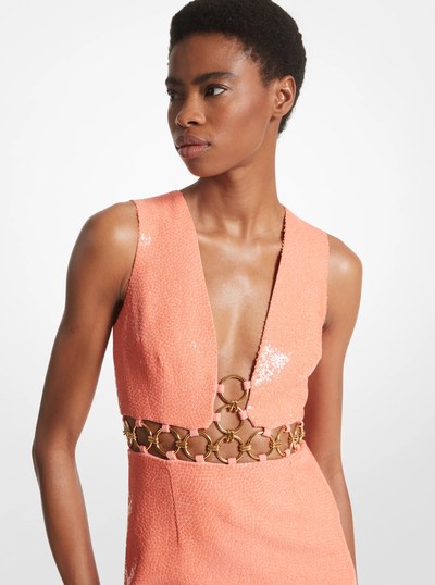 Hand-Embroidered Sequin Double Crepe Sabl&eacute; Ring Dress in MELON | Michael Kors