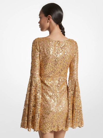 Hand-Embroidered Sequin Floral Lace Keyhole Shift Dress in GOLD | Michael Kors