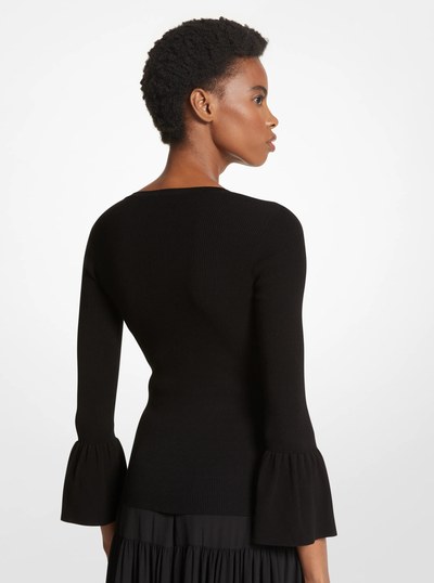 Ribbed Stretch Viscose Ruffle-Sleeve Sweater in BLACK | Michael Kors