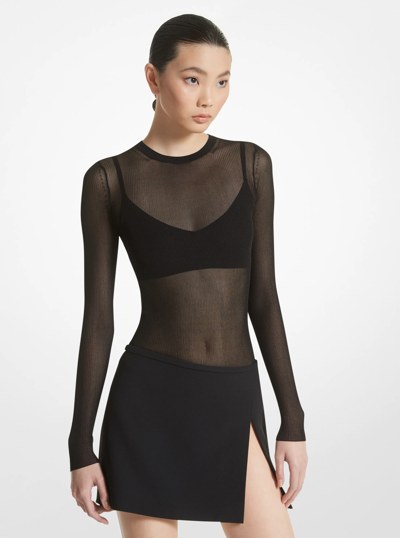 Ribbed Sheer Viscose Blend Sweater and Bra Top in BLACK | Michael Kors