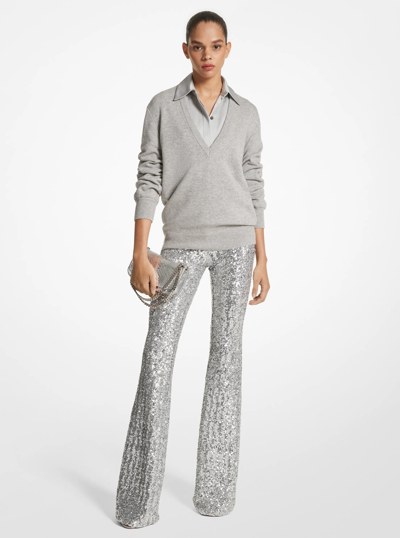 Sequined Stretch Tulle Flared Pants in SILVER | Michael Kors