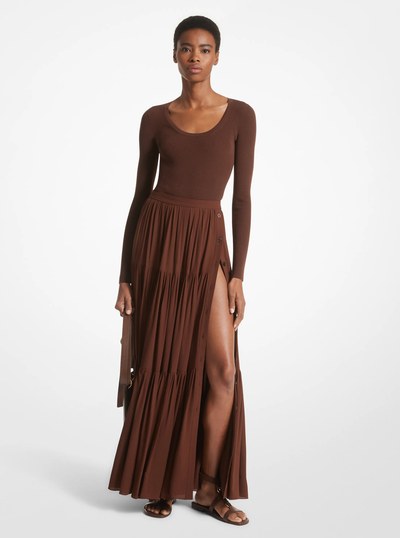 Silk Georgette Button-Front Skirt in NUTMEG | Michael Kors