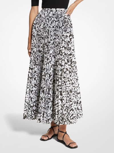 Floral Poplin Pleated Skirt in BLACK/WHITE | Michael Kors
