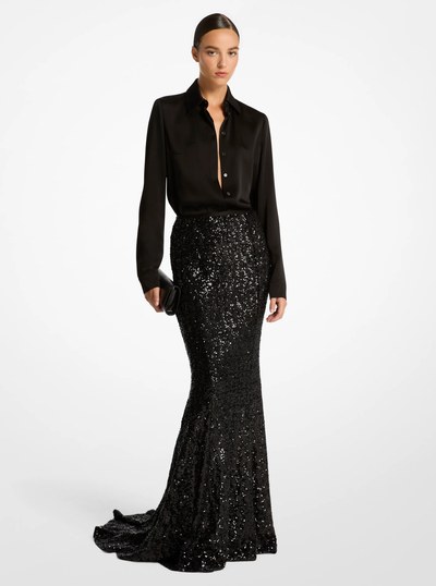 Sequin Embroidered Stretch Fishtail Skirt in BLACK | Michael Kors