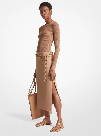 Double Face Stretch Wool Slit Skirt in SUNTAN | Michael Kors
