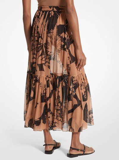 Shadow Floral Silk Chiffon Tiered Skirt in SUNTAN/BLACK | Michael Kors