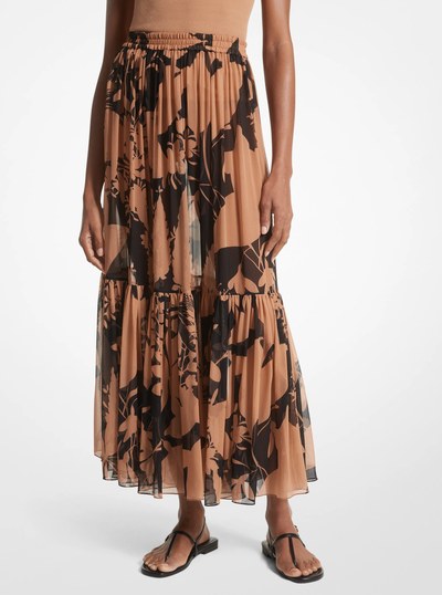 Shadow Floral Silk Chiffon Tiered Skirt in SUNTAN/BLACK | Michael Kors