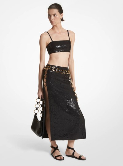 Hand-Embroidered Sequin Double Crepe Sabl&eacute; Ring Slit Skirt in BLACK | Michael Kors