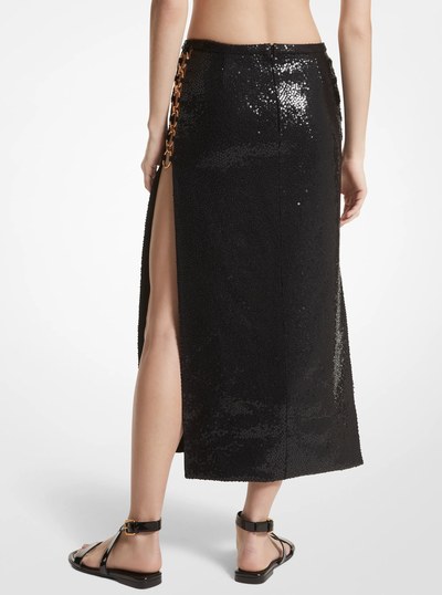 Hand-Embroidered Sequin Double Crepe Sabl&eacute; Ring Slit Skirt in BLACK | Michael Kors