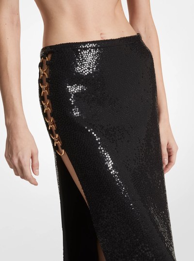 Hand-Embroidered Sequin Double Crepe Sabl&eacute; Ring Slit Skirt in BLACK | Michael Kors