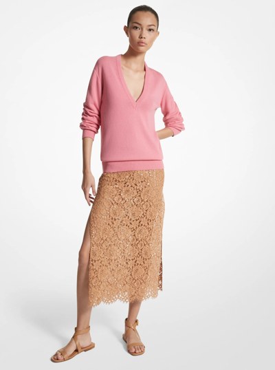 Hand-Embroidered Sequin Floral Lace Slit Skirt in SUNTAN | Michael Kors