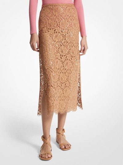 Hand-Embroidered Sequin Floral Lace Slit Skirt in SUNTAN | Michael Kors