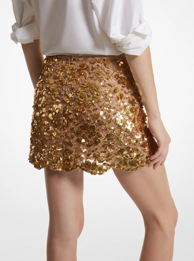 Hand-Embroidered Sequin Floral Lace Skirt in GOLD | Michael Kors