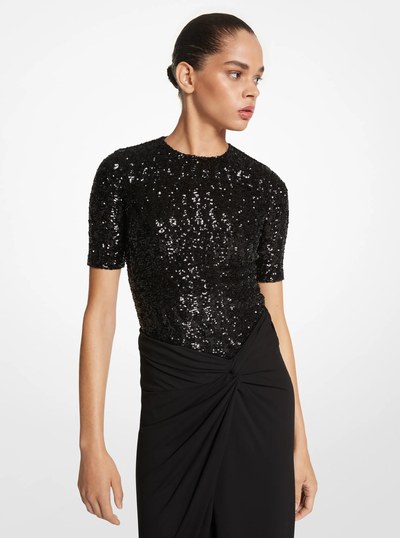 Sequined Stretch Tulle Short-Sleeve Bodysuit in BLACK | Michael Kors