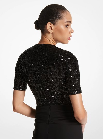 Sequined Stretch Tulle Short-Sleeve Bodysuit in BLACK | Michael Kors