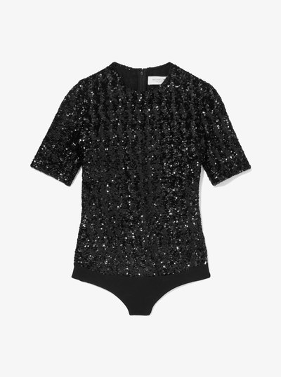 Sequined Stretch Tulle Short-Sleeve Bodysuit in BLACK | Michael Kors