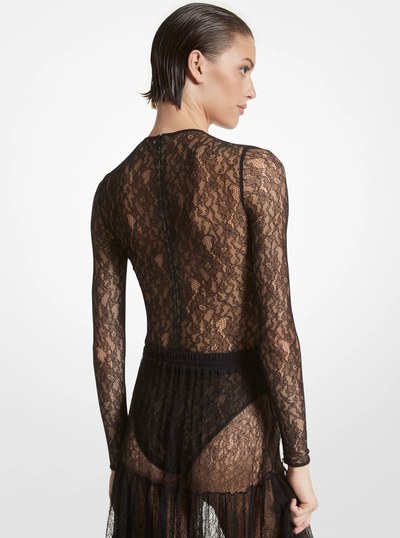 Stretch Chantilly Lace Bodysuit in BLACK | Michael Kors