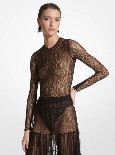 Stretch Chantilly Lace Bodysuit in BLACK | Michael Kors