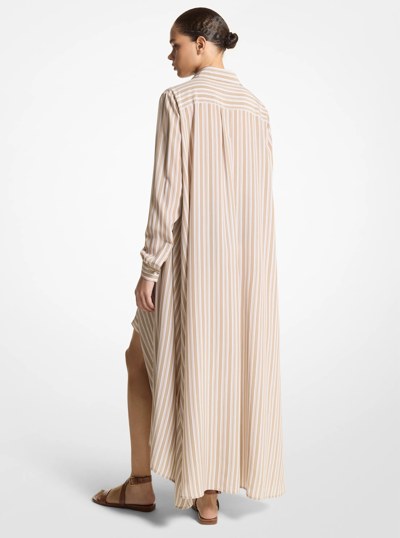 Striped Silk Crepe De Chine Caftan Shirtdress in Sand/Opt Wht | Michael Kors