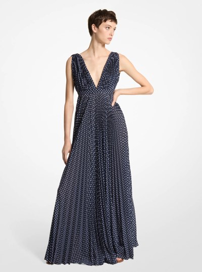 Polka Dot Georgette Pleated Gown in Midnight Optic White | Michael Kors