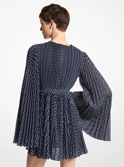 Polka Dot Georgette Pleated Dress in Midnight Optic White | Michael Kors