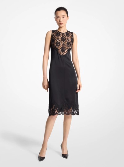 Lace Trim Satin Charmeuse Dress in BLACK | Michael Kors
