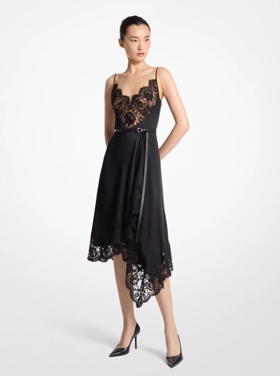 Lace Trim Satin Charmeuse Asymmetric Slip Dress in BLACK | Michael Kors