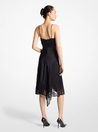 Lace Trim Satin Charmeuse Asymmetric Slip Dress in BLACK | Michael Kors