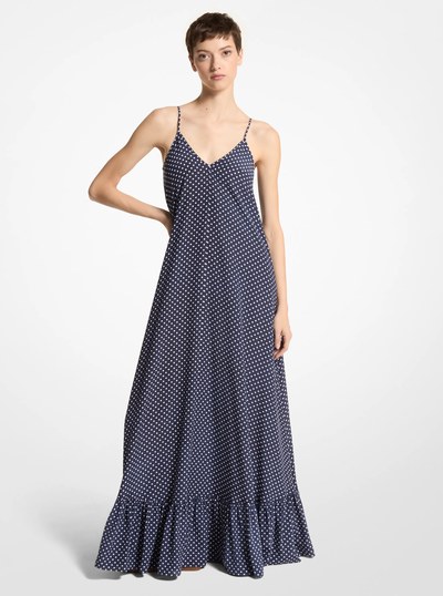 Polka Dot Organic Silk Crepe De Chine Slip Dress in Midnight Optic White | Michael Kors