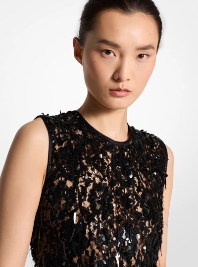 Hand-Embroidered Sequin Floral Lace Sheath Dress in BLACK | Michael Kors