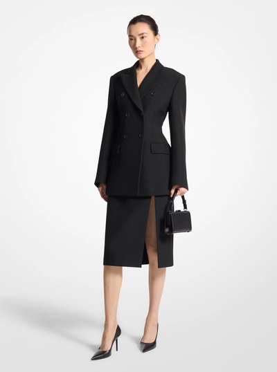 Wool Blend Gabardine Double-Breasted Carved Blazer in BLACK | Michael Kors