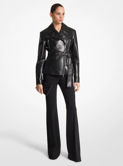 Plong&eacute; Leather Belted Moto Jacket in BLACK | Michael Kors